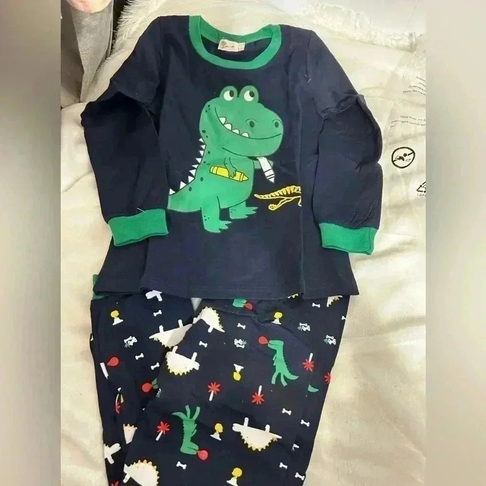 Little Minds Boys Navy Blue Dinosaur Pajama Set Long Sleeve Top Pants Size 140